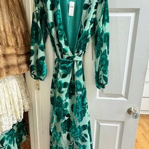 Anthropologie Teal Leaf Patterned Wrap Dress